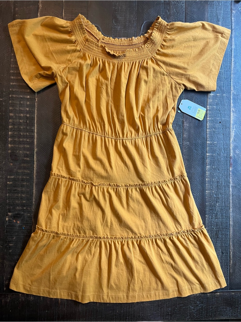 Time and Tru Mustard Tiered Midi Dress Lightweight Cotton Peasant Style